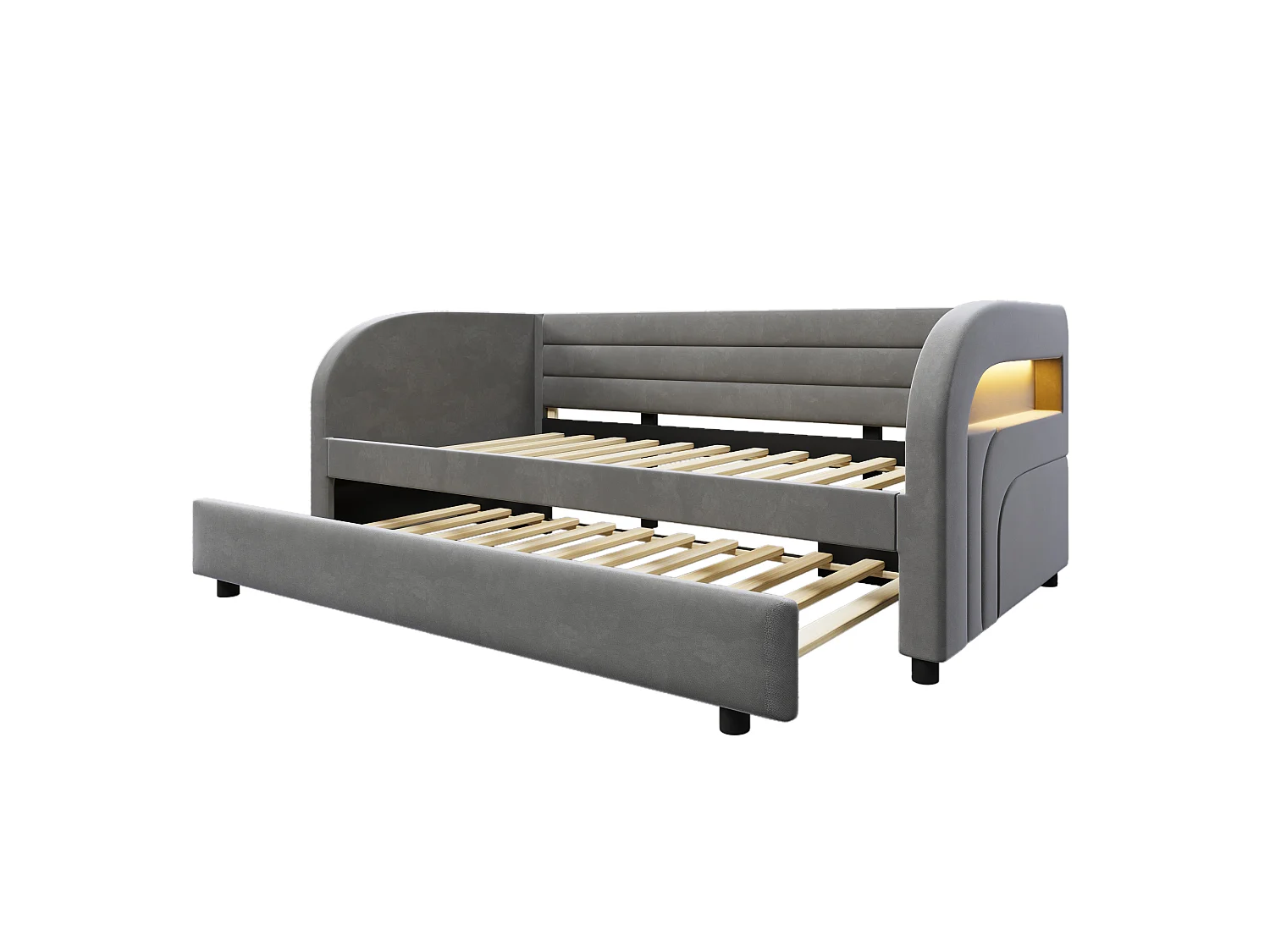 Stoppad bäddsoffa 90x200 cm - med utdragssäng - integrerad LED-belysning - flanelltyg - grå (madrass ingår ej)
