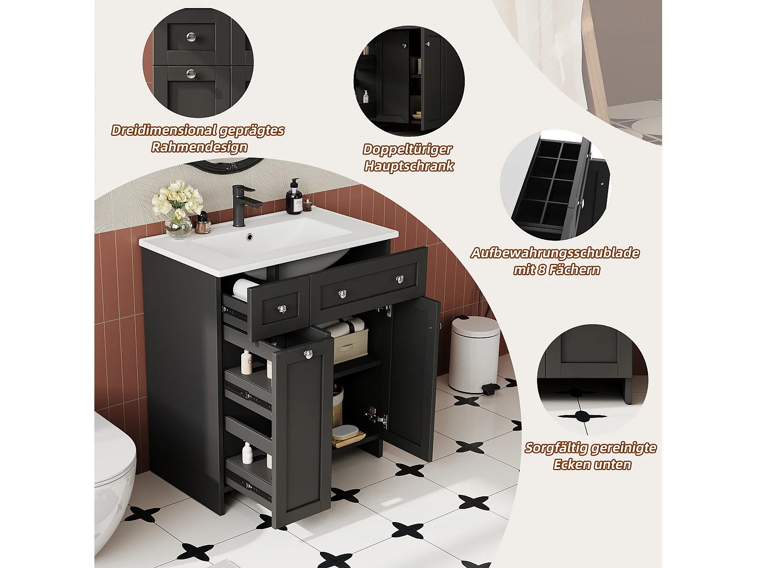 Mueble de baño con lavabo de cerámica - 76,5x47x87 cm - 3 cajones y 1 puerta - acabado lacado - MDF - negro