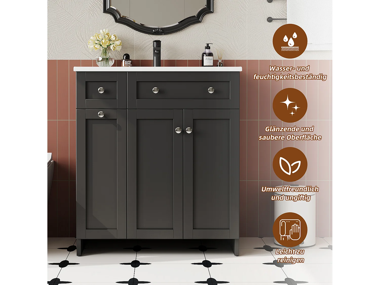 Mueble de baño con lavabo de cerámica - 76,5x47x87 cm - 3 cajones y 1 puerta - acabado lacado - MDF - negro