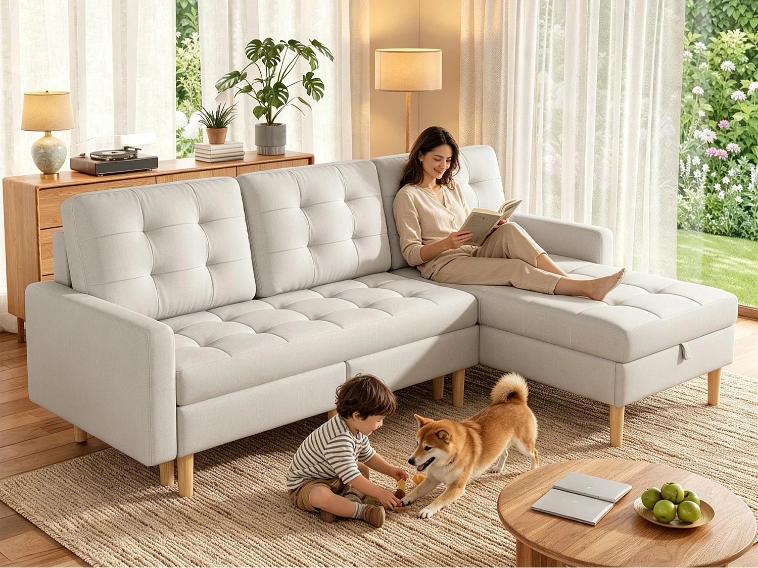 L-formad 3-sits hörnsoffa - med förvaring - vändbar schäslong - non-woven-tyg - beige