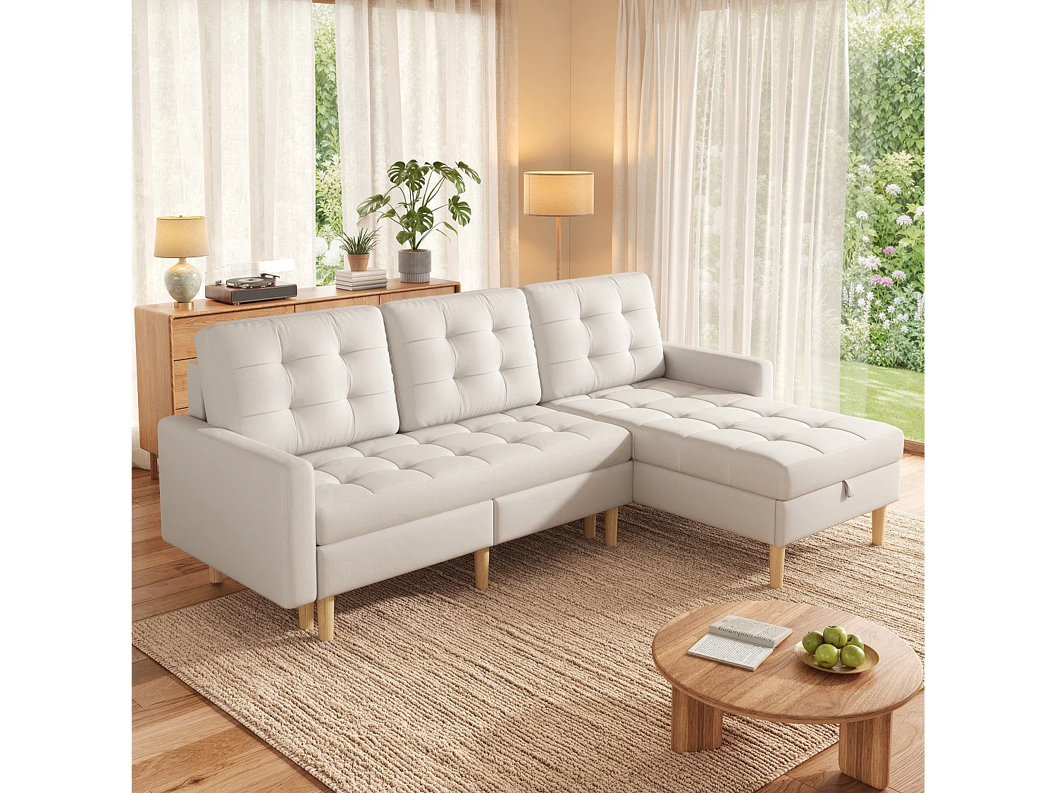 L-formad 3-sits hörnsoffa - med förvaring - vändbar schäslong - non-woven-tyg - beige