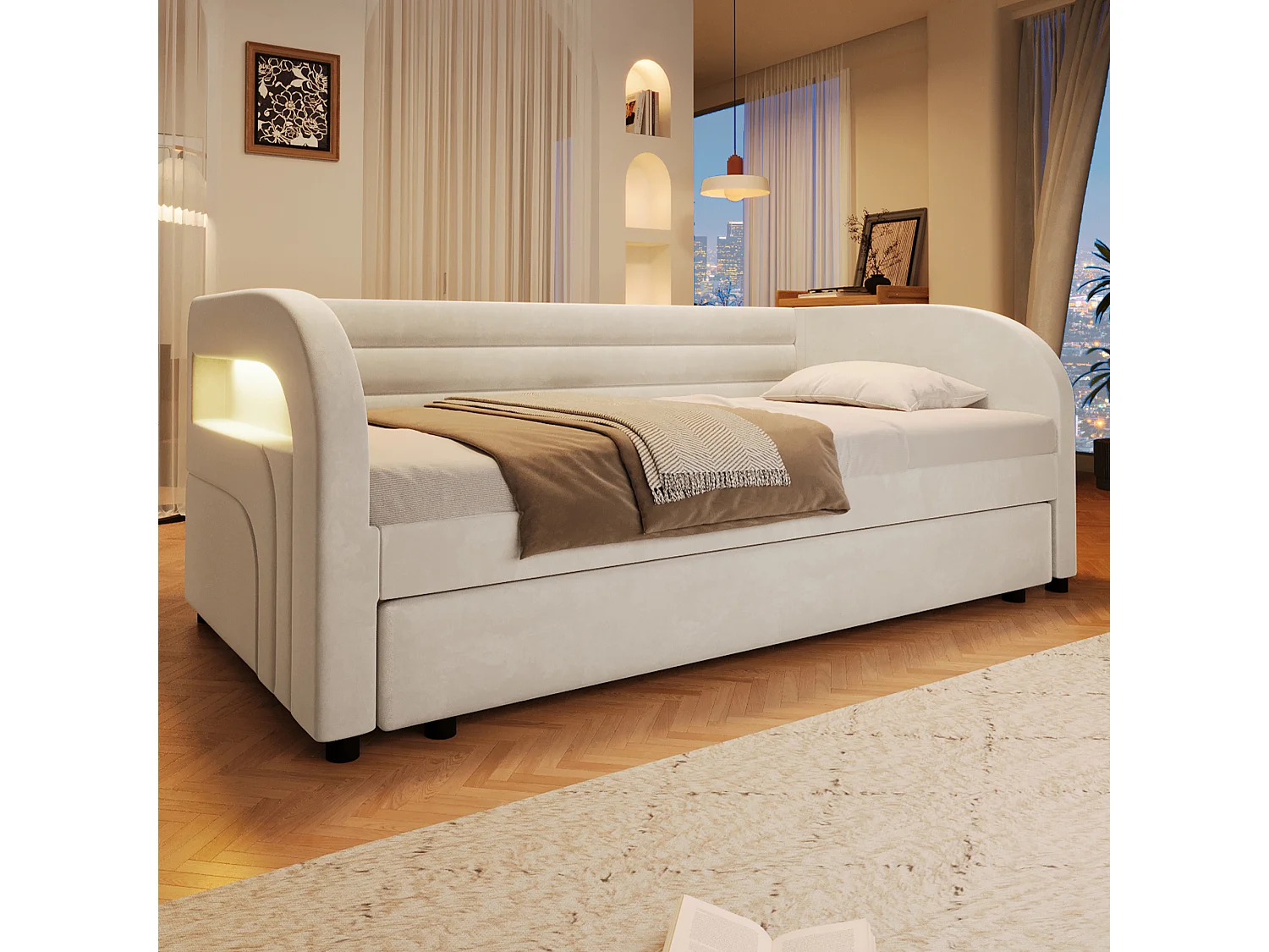Stoppad bäddsoffa 90x200 cm - med utdragssäng - integrerad LED-belysning - flanelltyg - vit (madrass ingår ej)