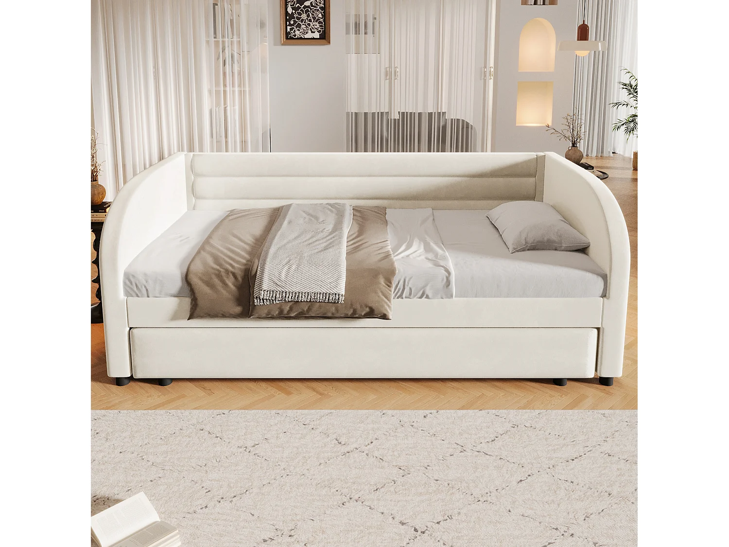 Stoppad bäddsoffa 90x200 cm - med utdragssäng - integrerad LED-belysning - flanelltyg - vit (madrass ingår ej)