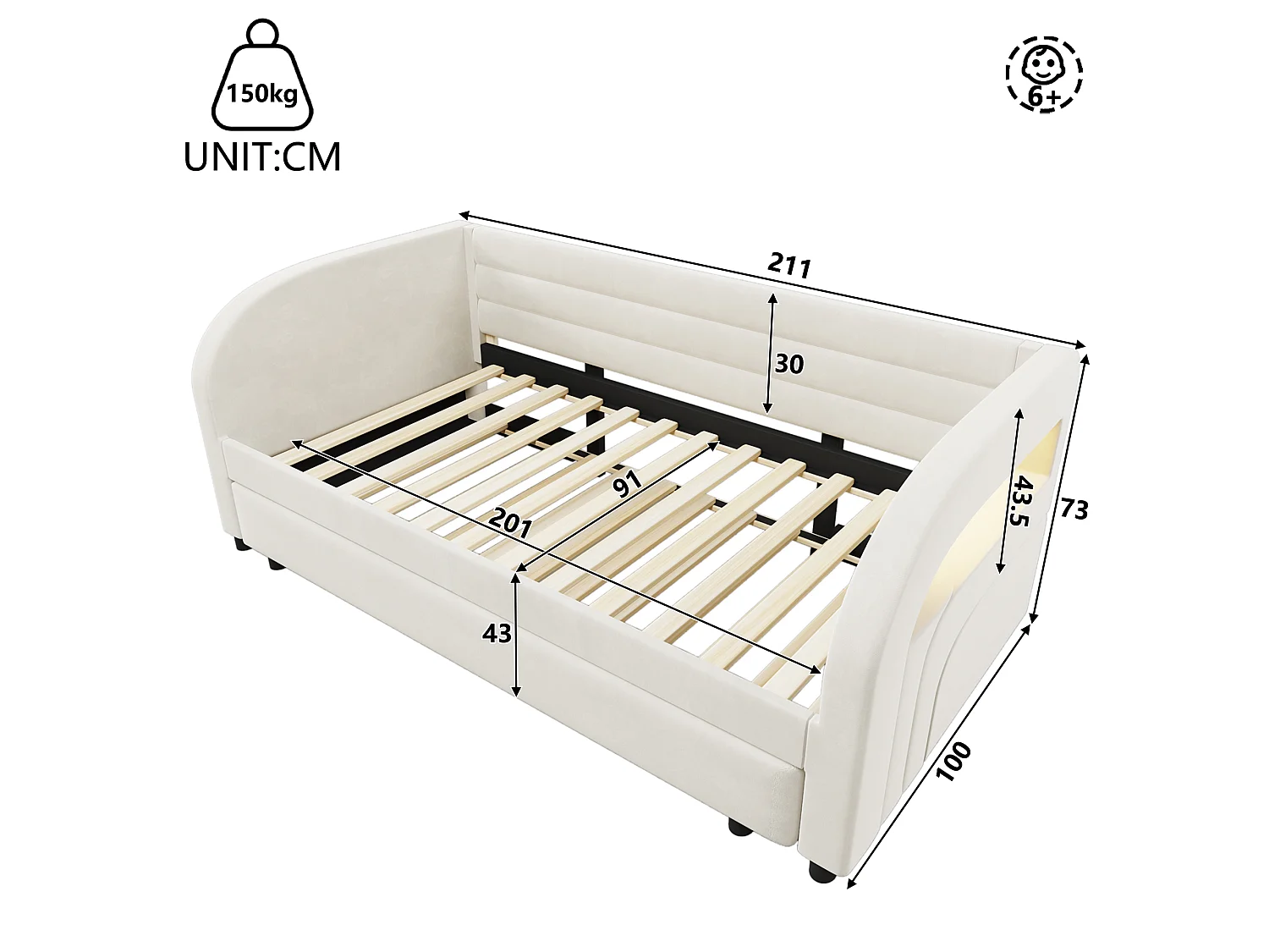 Stoppad bäddsoffa 90x200 cm - med utdragssäng - integrerad LED-belysning - flanelltyg - vit (madrass ingår ej)