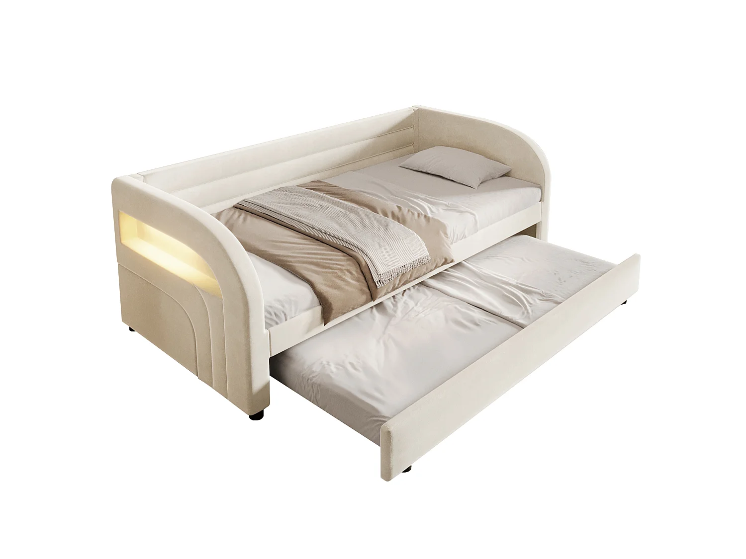 Stoppad bäddsoffa 90x200 cm - med utdragssäng - integrerad LED-belysning - flanelltyg - vit (madrass ingår ej)