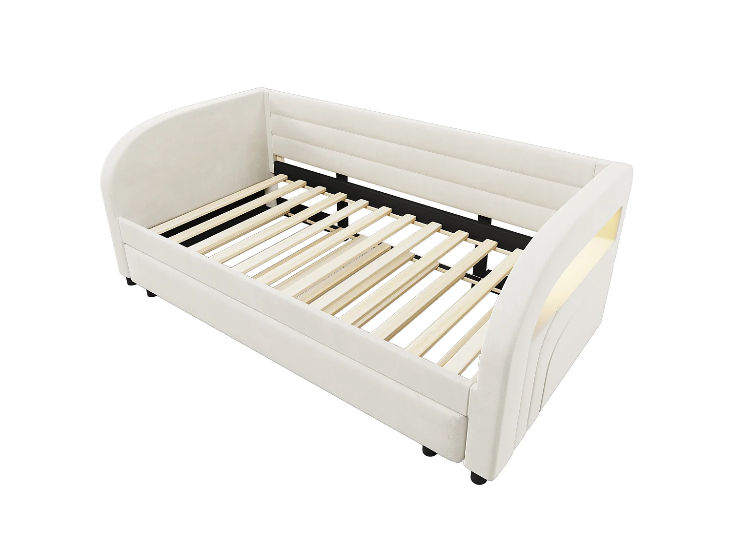 Stoppad bäddsoffa 90x200 cm - med utdragssäng - integrerad LED-belysning - flanelltyg - vit (madrass ingår ej)
