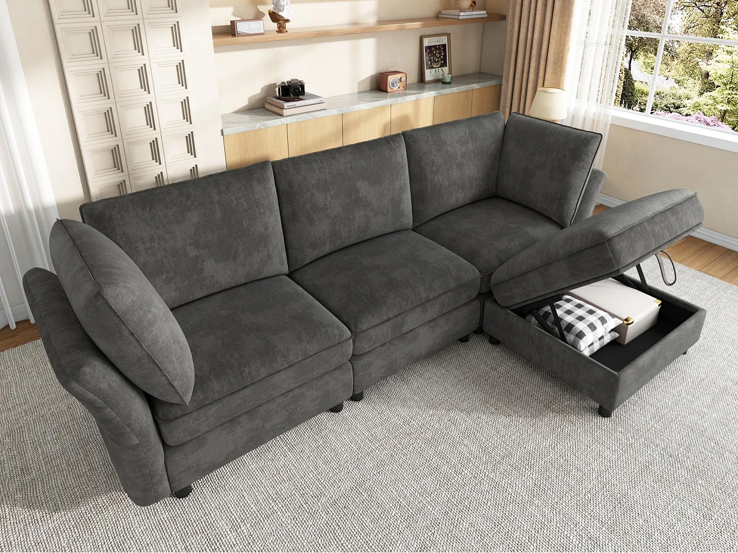 Modulär hörnsoffa 4-sits med förvaringspuff, soffa “Molneffekt” i mjuk chenille, ergonomisk design med 2 kuddar - grå