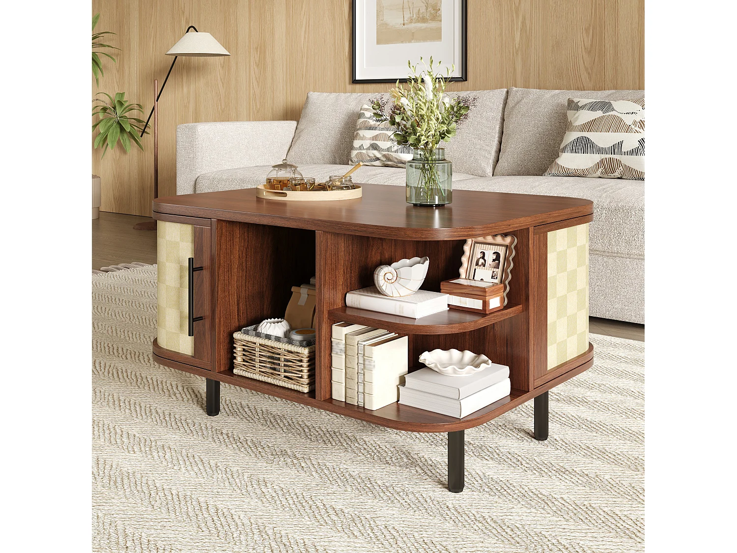 Coffee Table 80x60x47 cm - 2 Rattan Doors - Curved Design - Metal Handles and Legs - MDF - Brown