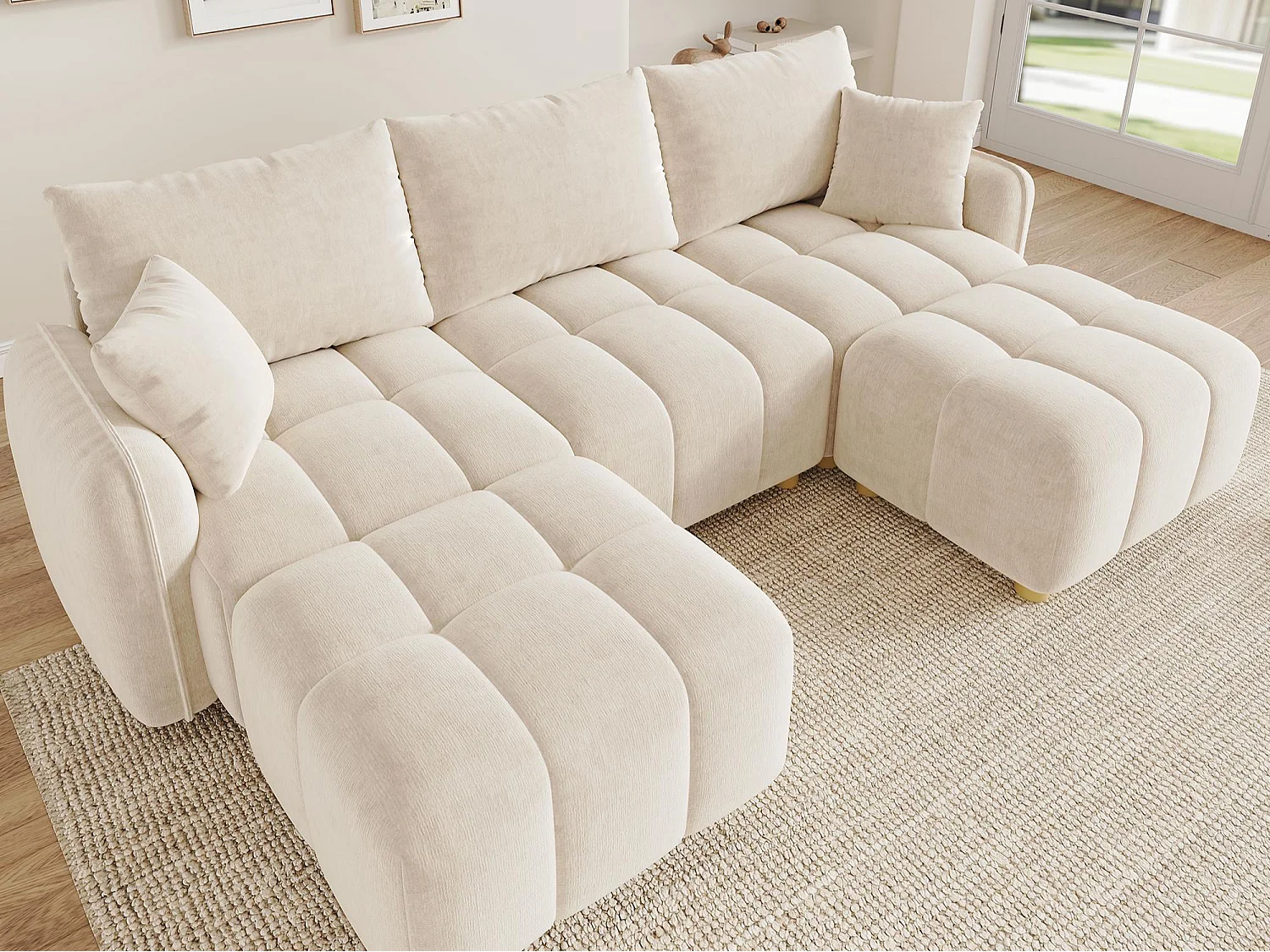 Modulär U/L-hörnsoffa 5-6-sits med 2 puffar, soffa i mjuk chenille med böjda armstöd och dekorationskuddar - beige