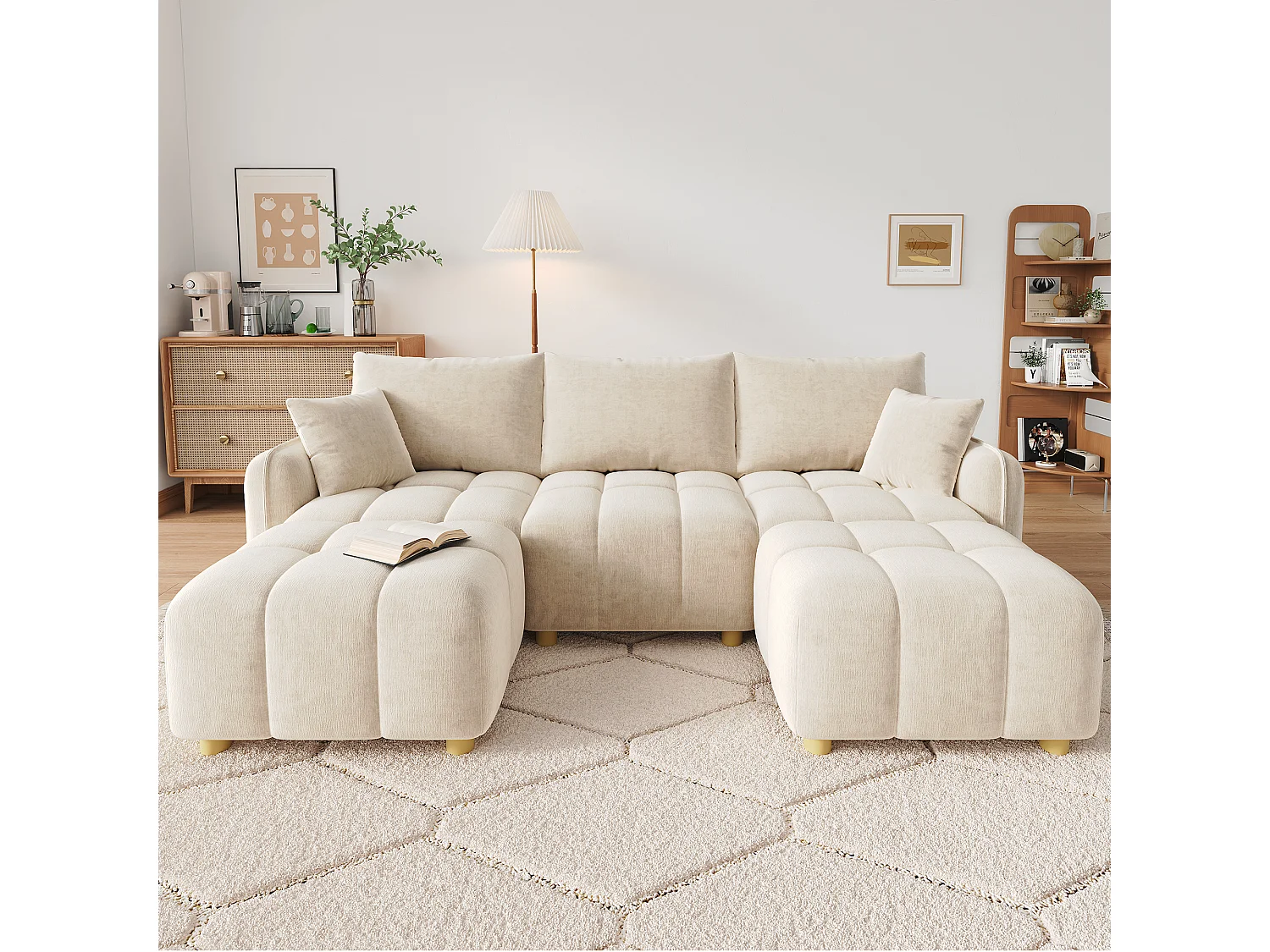 Modulär U/L-hörnsoffa 5-6-sits med 2 puffar, soffa i mjuk chenille med böjda armstöd och dekorationskuddar - beige