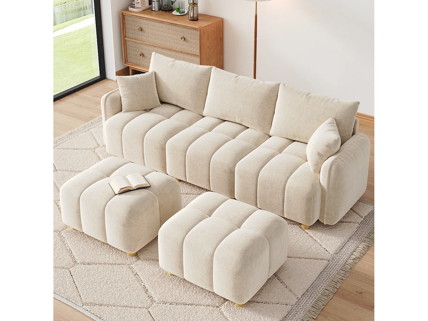 Modulär U/L-hörnsoffa 5-6-sits med 2 puffar, soffa i mjuk chenille med böjda armstöd och dekorationskuddar - beige