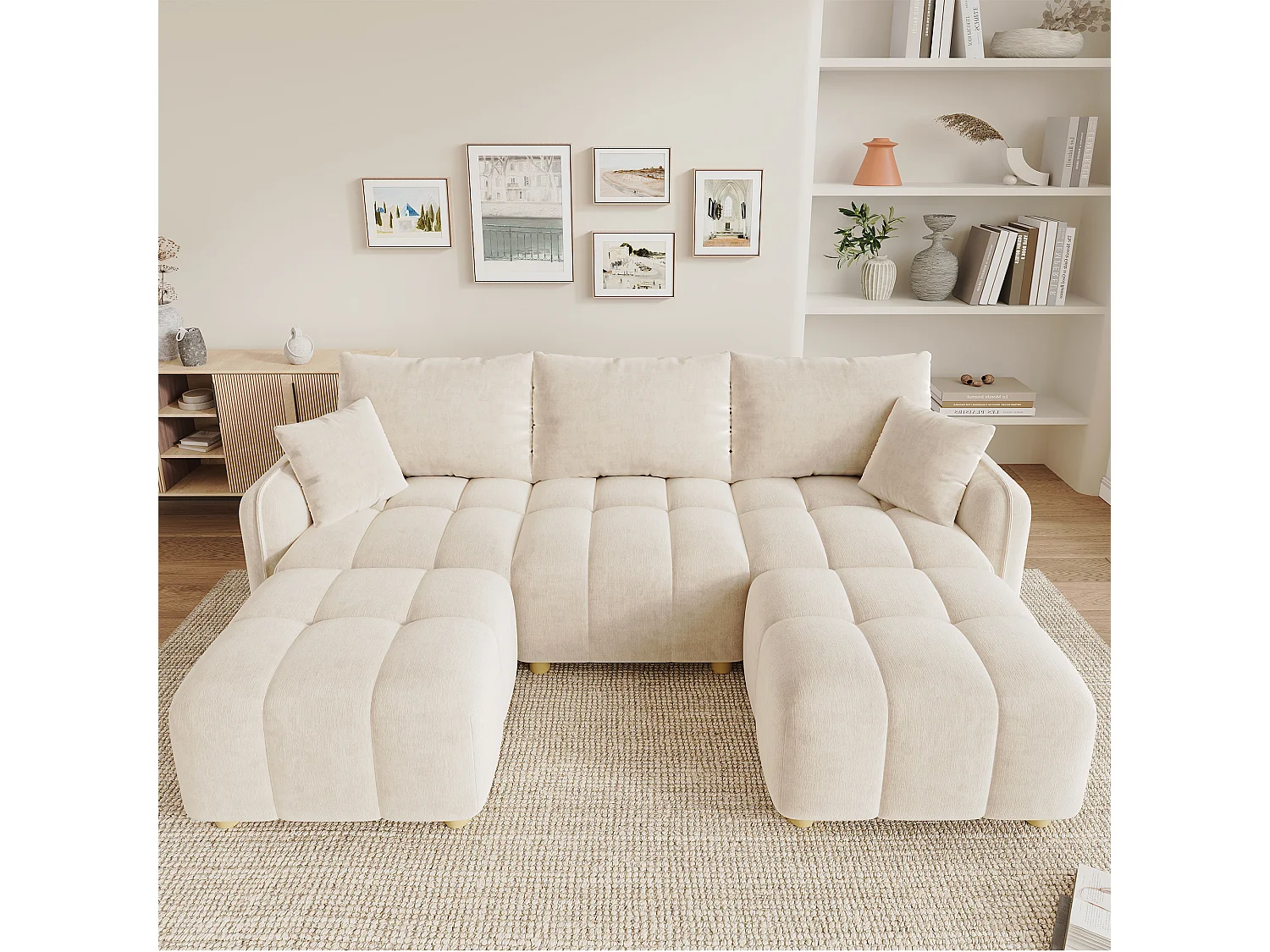 Modulär U/L-hörnsoffa 5-6-sits med 2 puffar, soffa i mjuk chenille med böjda armstöd och dekorationskuddar - beige