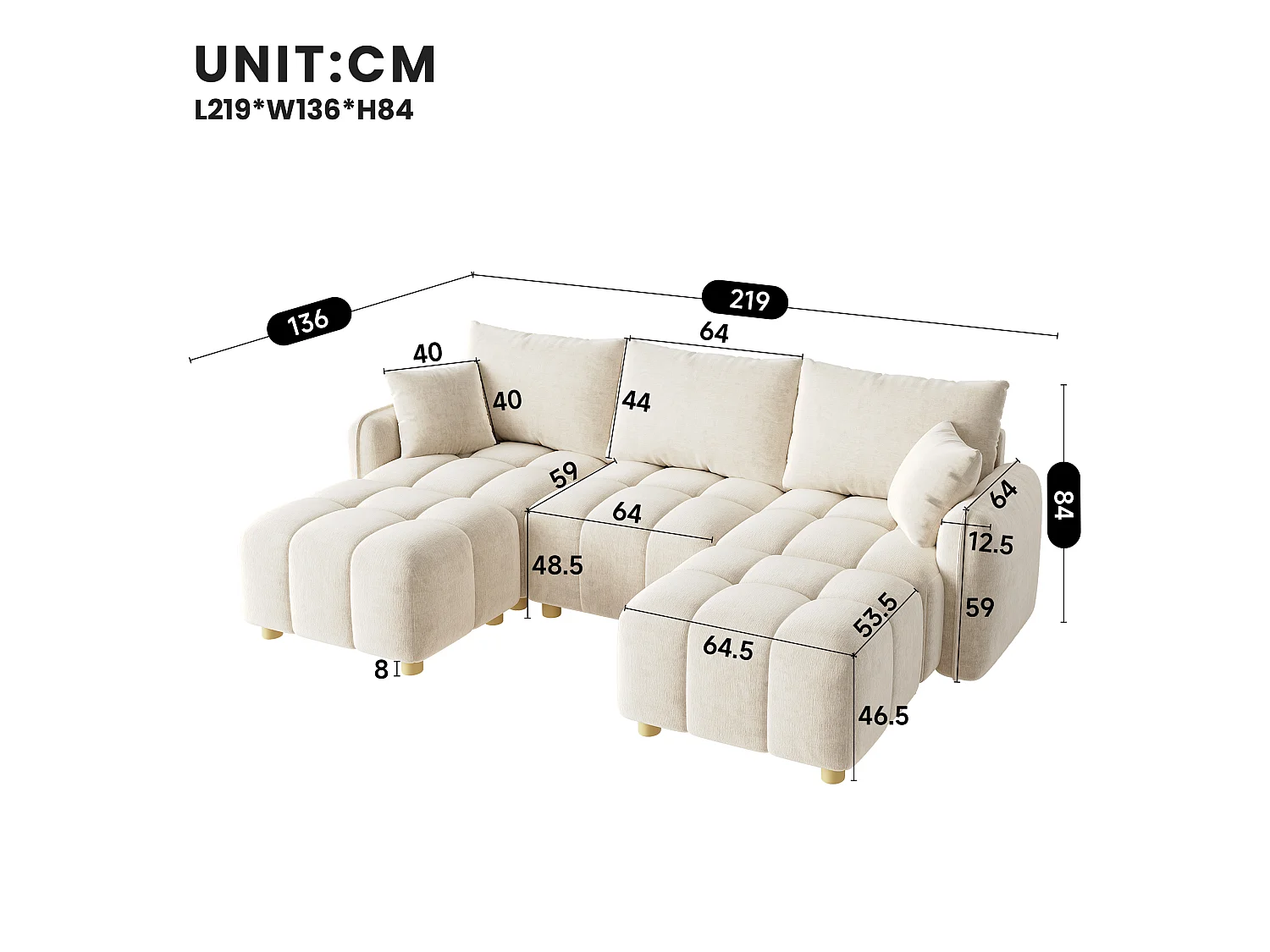 Modulär U/L-hörnsoffa 5-6-sits med 2 puffar, soffa i mjuk chenille med böjda armstöd och dekorationskuddar - beige