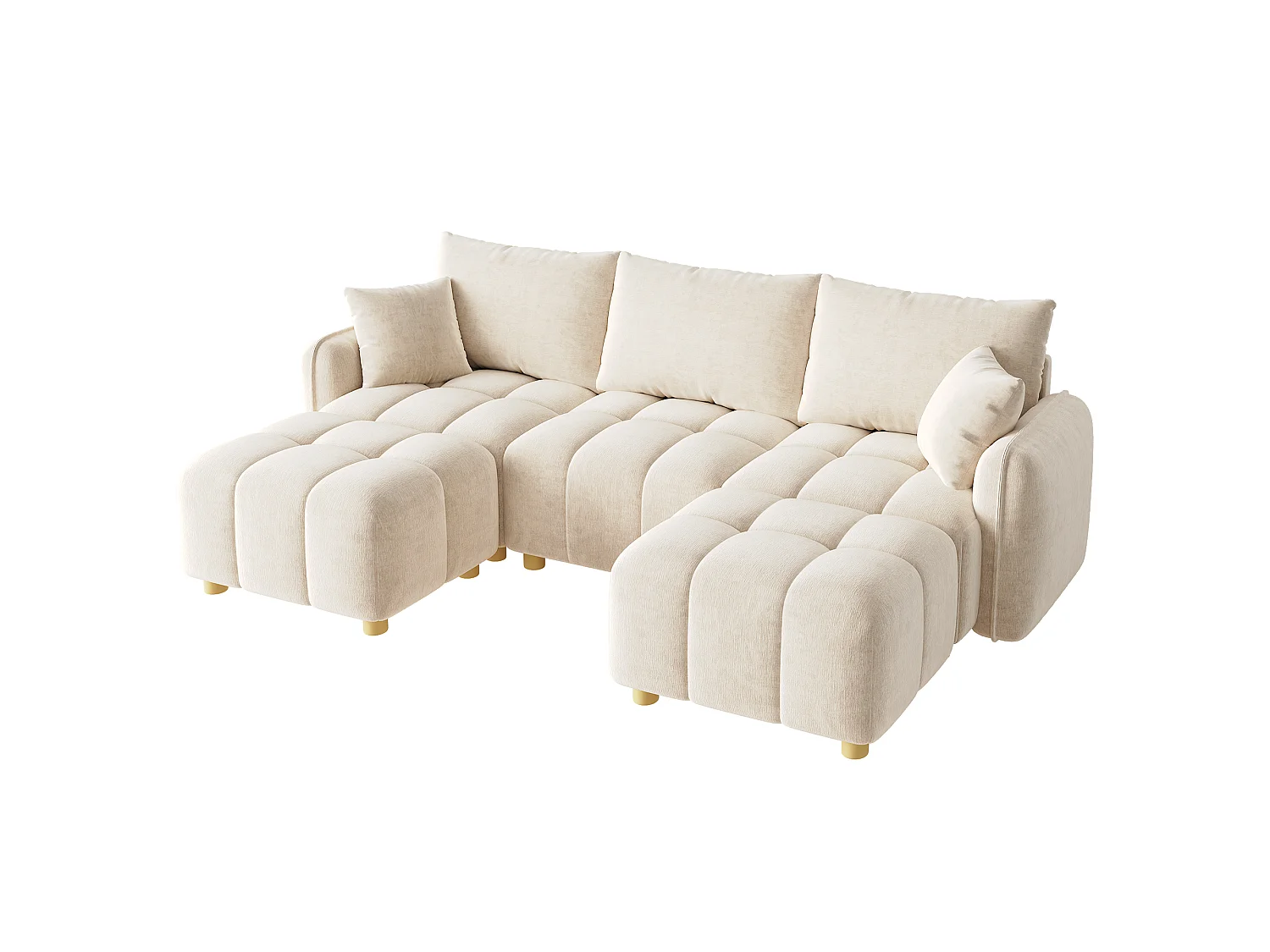 Modulär U/L-hörnsoffa 5-6-sits med 2 puffar, soffa i mjuk chenille med böjda armstöd och dekorationskuddar - beige