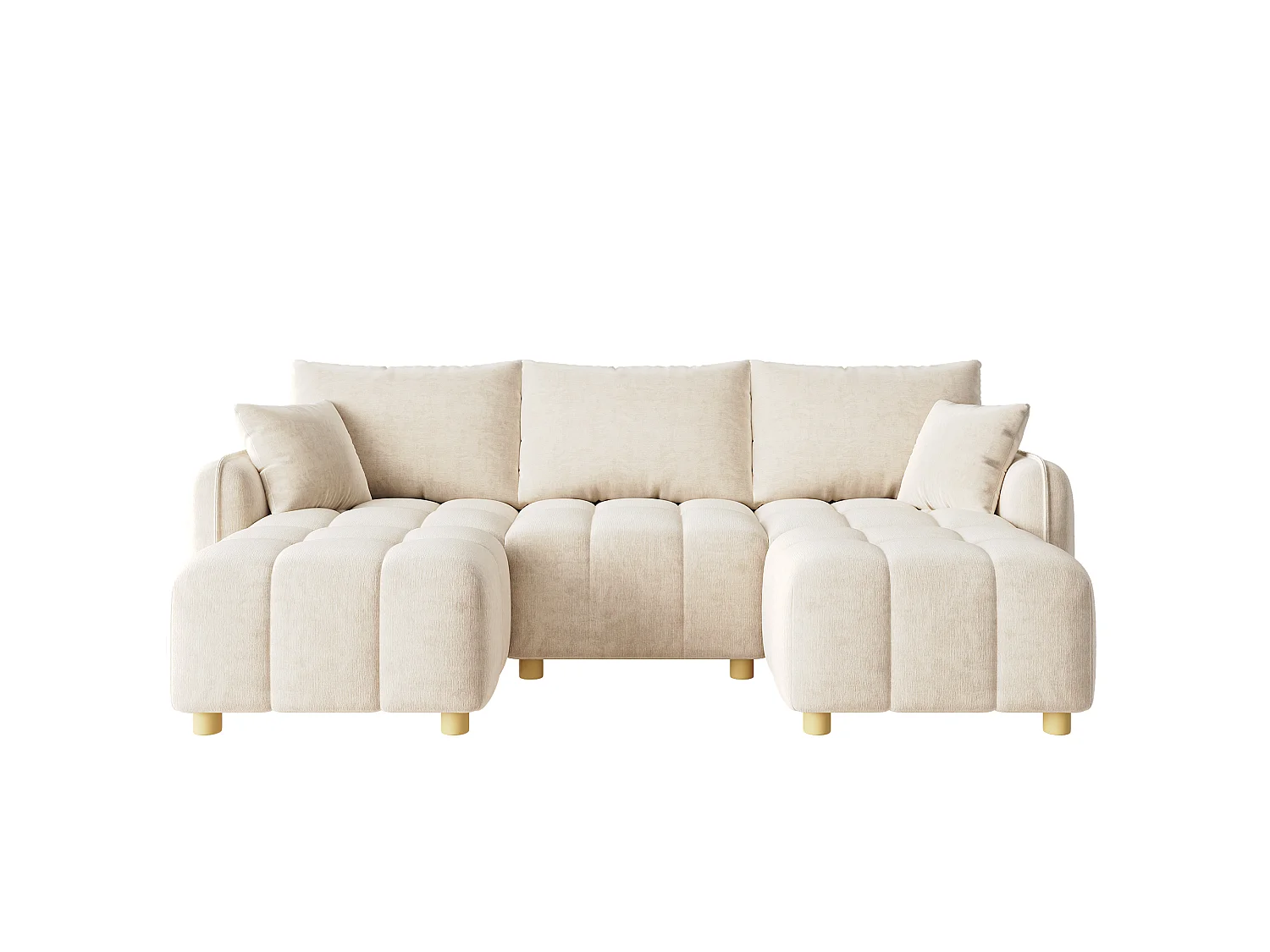 Modulär U/L-hörnsoffa 5-6-sits med 2 puffar, soffa i mjuk chenille med böjda armstöd och dekorationskuddar - beige