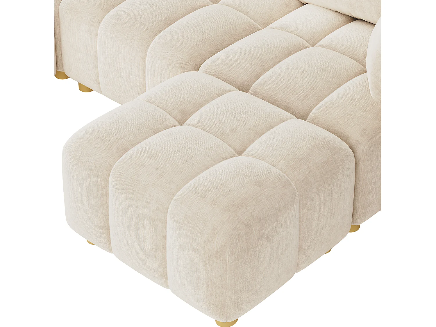 Modulär U/L-hörnsoffa 5-6-sits med 2 puffar, soffa i mjuk chenille med böjda armstöd och dekorationskuddar - beige