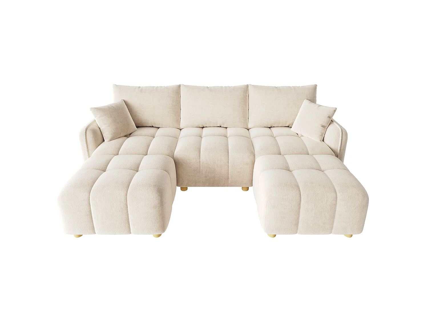 Modulär U/L-hörnsoffa 5-6-sits med 2 puffar, soffa i mjuk chenille med böjda armstöd och dekorationskuddar - beige