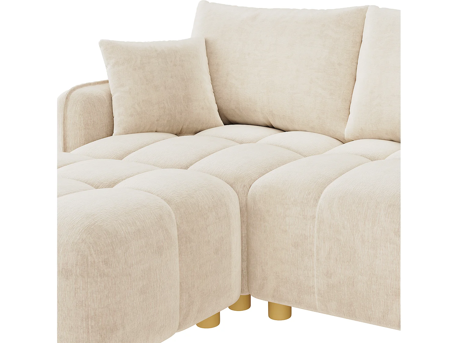 Modulär U/L-hörnsoffa 5-6-sits med 2 puffar, soffa i mjuk chenille med böjda armstöd och dekorationskuddar - beige