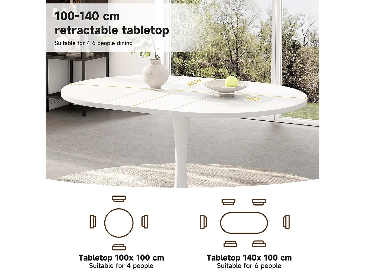 Oval drop-leaf dining table - 100/140 x 100 x 75 cm - MDF - White