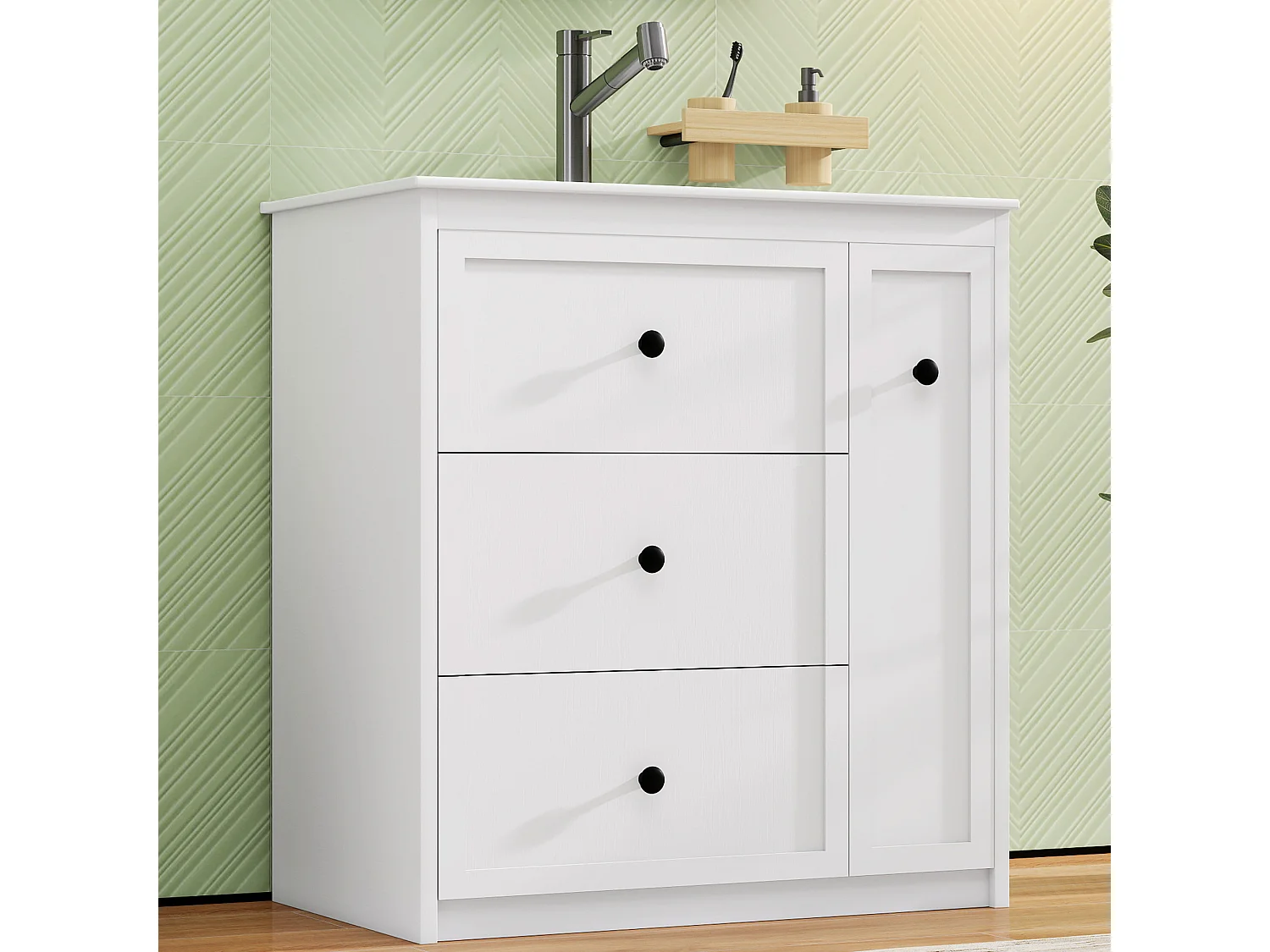 Mebel łazienkowy z ceramiczną umywalką - 76,2x46,2x82 cm - 4 szuflady - Malowane wykończenie - MDF - biały