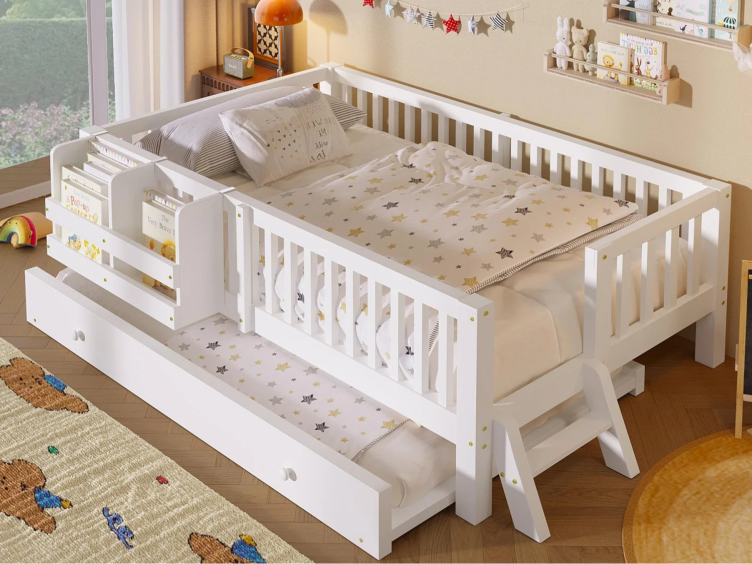Lit enfant en bois 90x200cm - Avec lit gigogne - Avec barrières de sécurité et petite échelle - MDF - Blanc (Matelas non inclus)