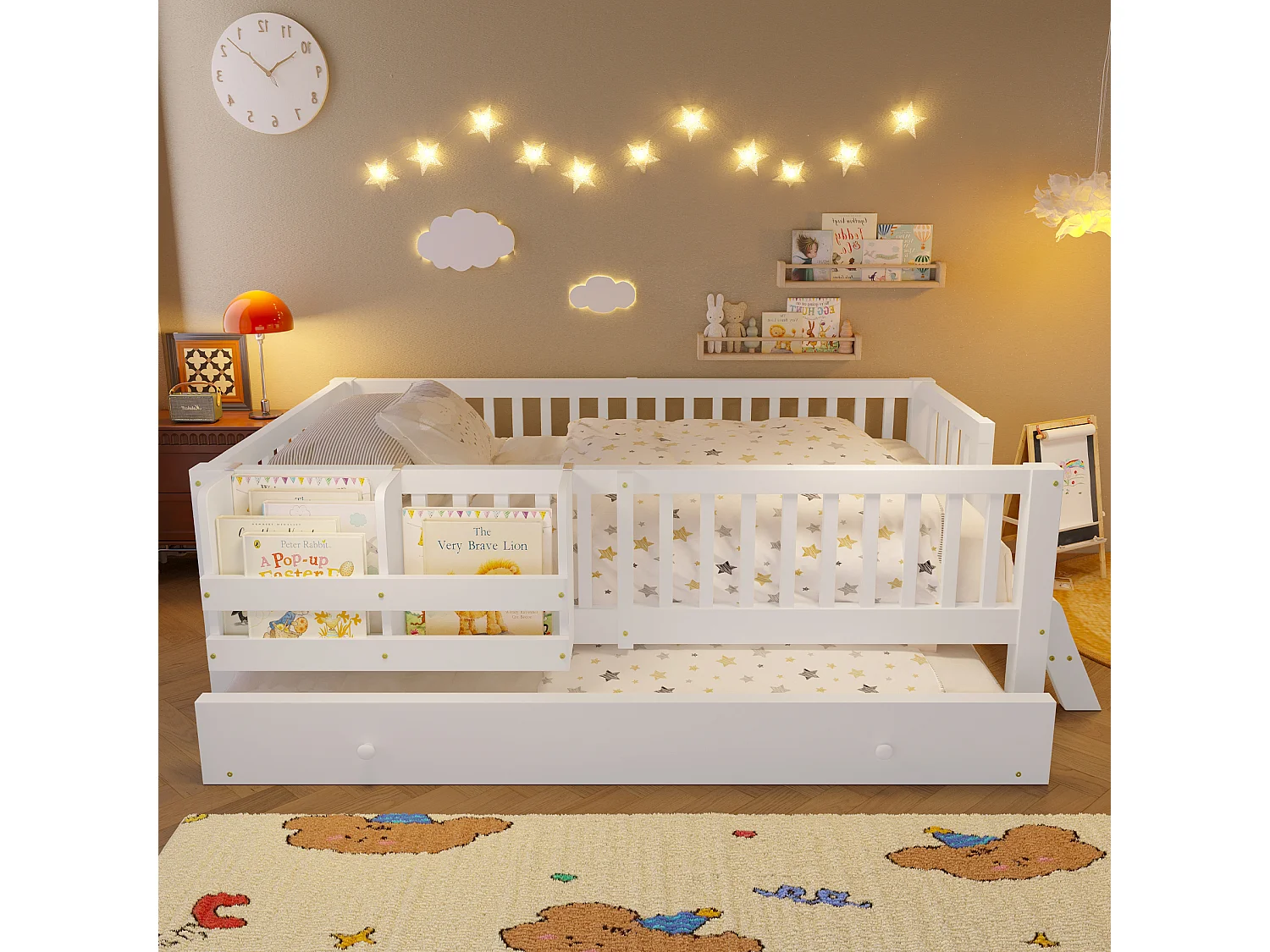 Lit enfant en bois 90x200cm - Avec lit gigogne - Avec barrières de sécurité et petite échelle - MDF - Blanc (Matelas non inclus)
