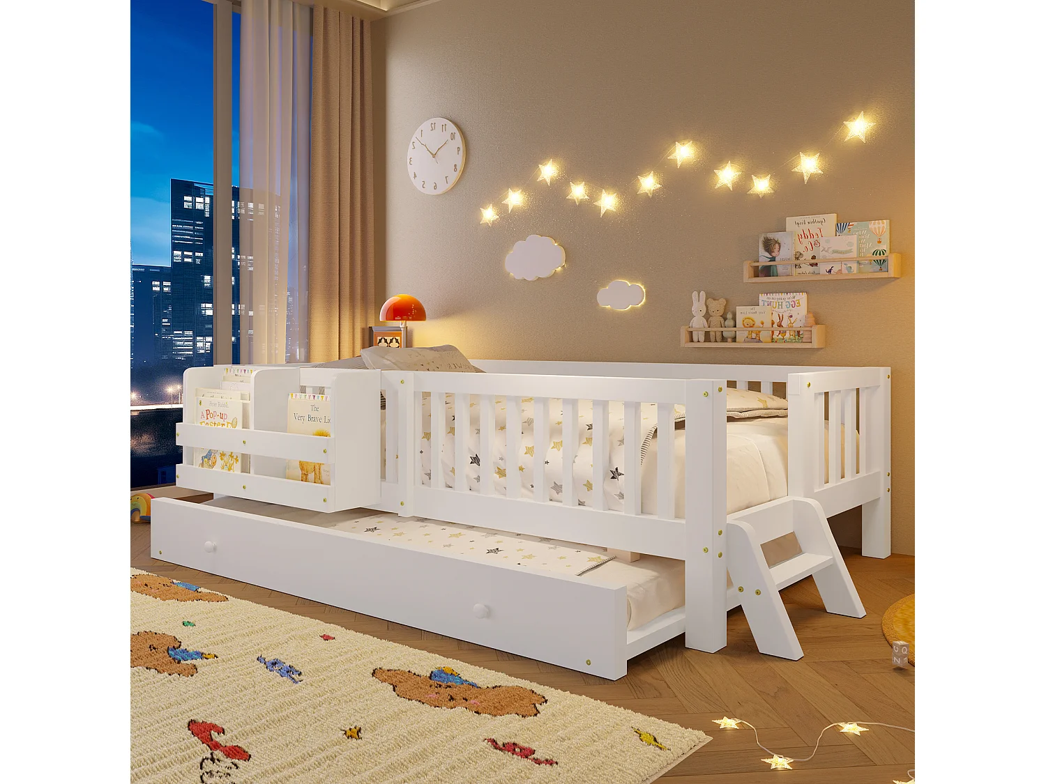 Lit enfant en bois 90x200cm - Avec lit gigogne - Avec barrières de sécurité et petite échelle - MDF - Blanc (Matelas non inclus)