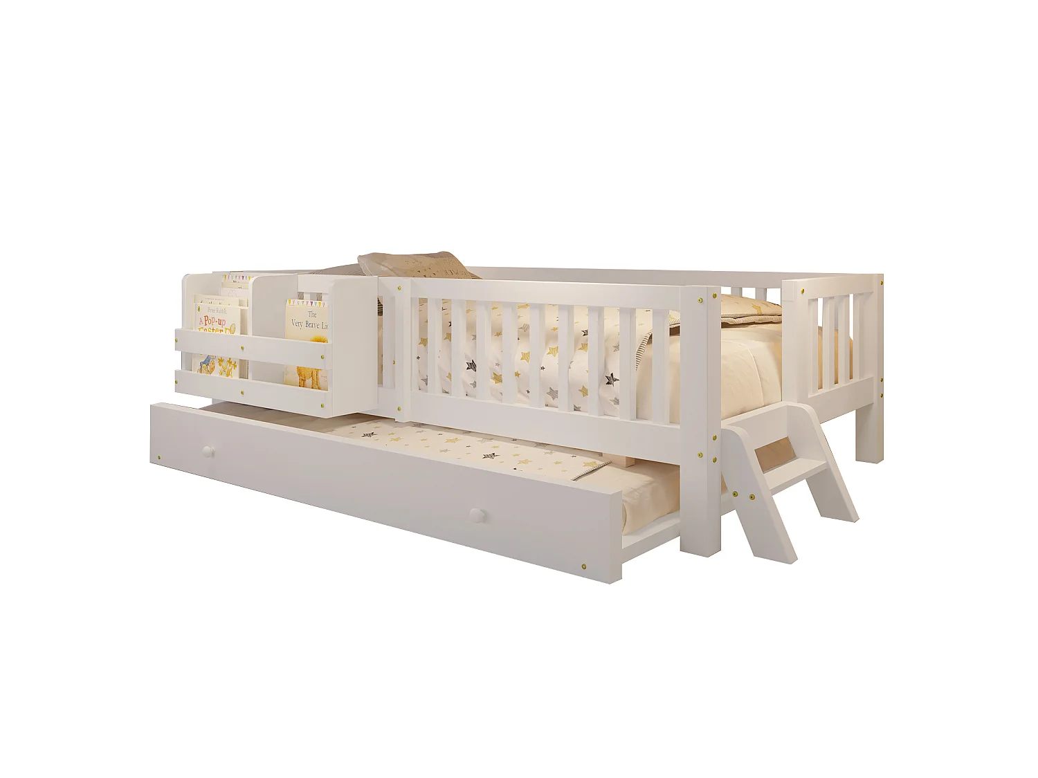 Lit enfant en bois 90x200cm - Avec lit gigogne - Avec barrières de sécurité et petite échelle - MDF - Blanc (Matelas non inclus)