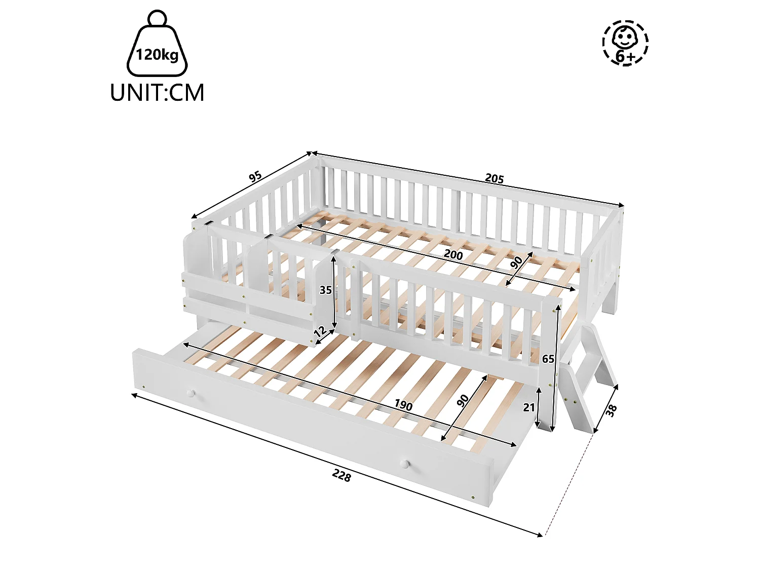 Lit enfant en bois 90x200cm - Avec lit gigogne - Avec barrières de sécurité et petite échelle - MDF - Blanc (Matelas non inclus)