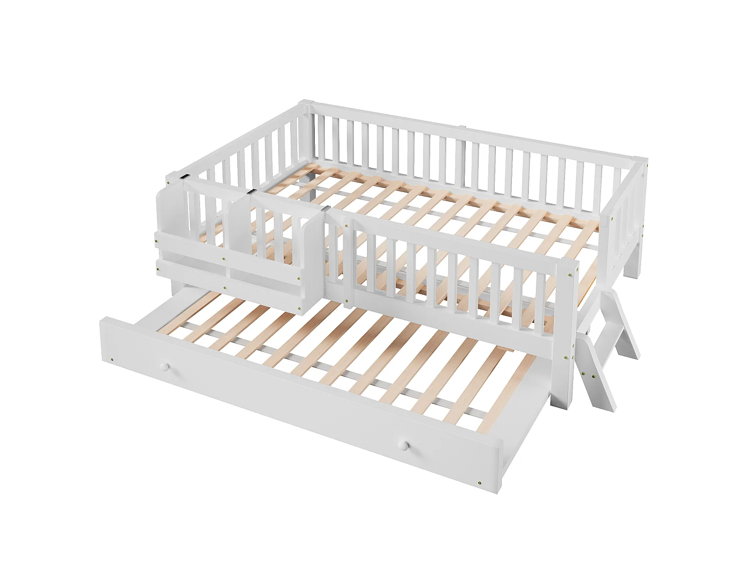 Lit enfant en bois 90x200cm - Avec lit gigogne - Avec barrières de sécurité et petite échelle - MDF - Blanc (Matelas non inclus)