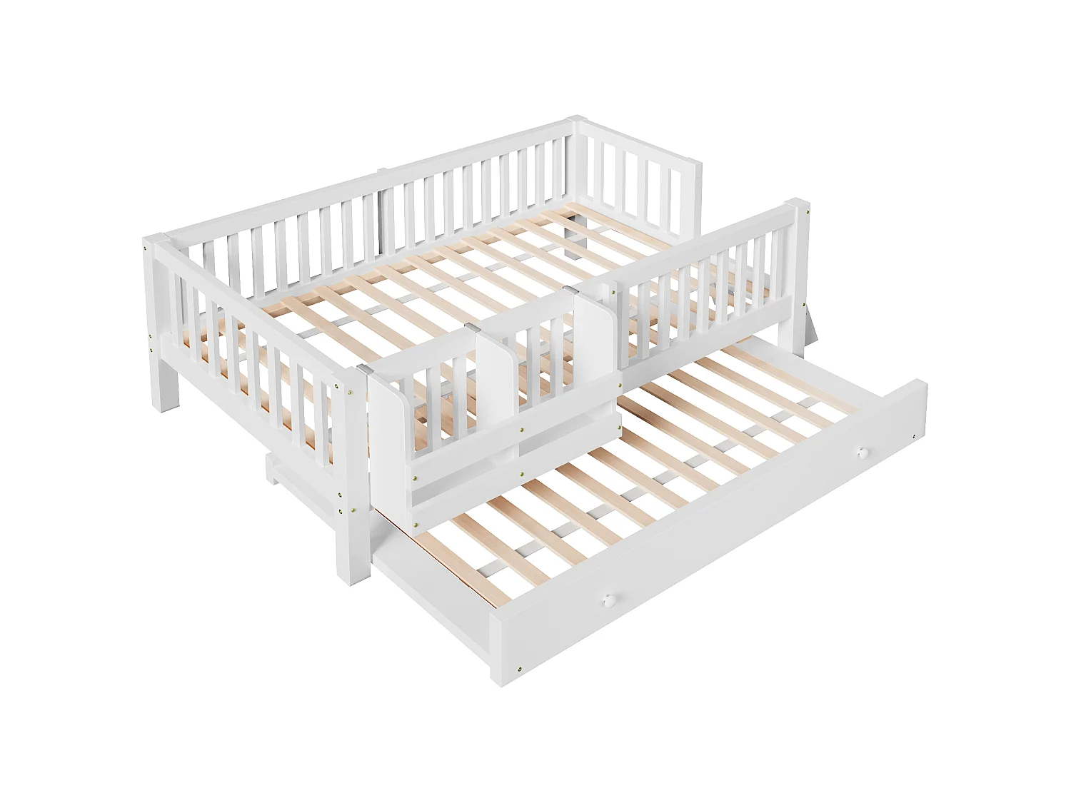 Lit enfant en bois 90x200cm - Avec lit gigogne - Avec barrières de sécurité et petite échelle - MDF - Blanc (Matelas non inclus)