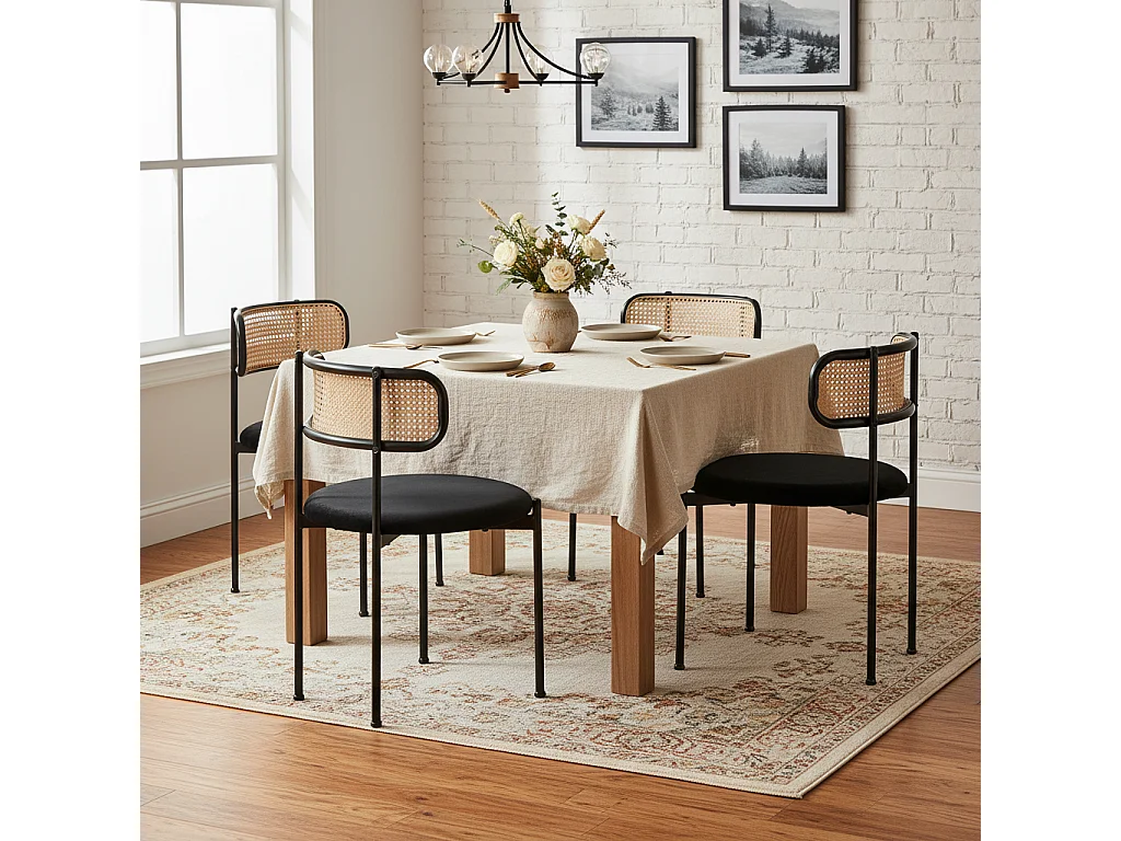 Set of 2 Velvet and Rattan Chairs - Metal Legs - Black