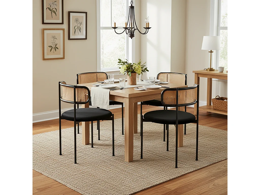 Set of 2 Velvet and Rattan Chairs - Metal Legs - Black