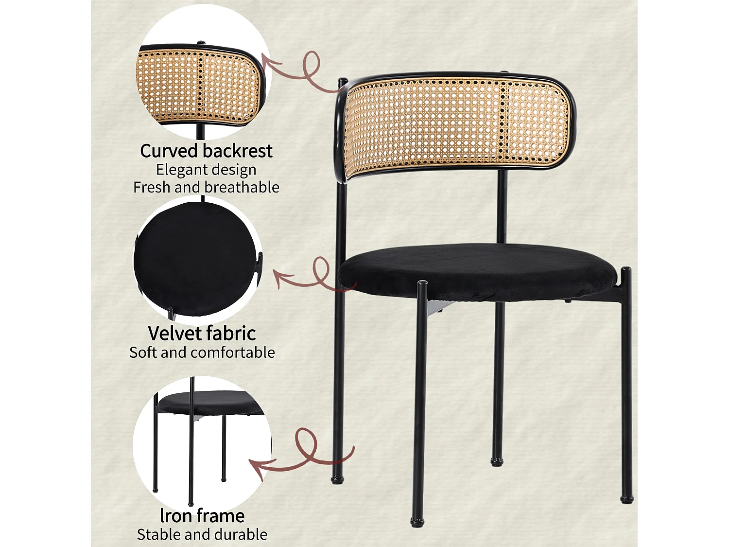 Set of 2 Velvet and Rattan Chairs - Metal Legs - Black
