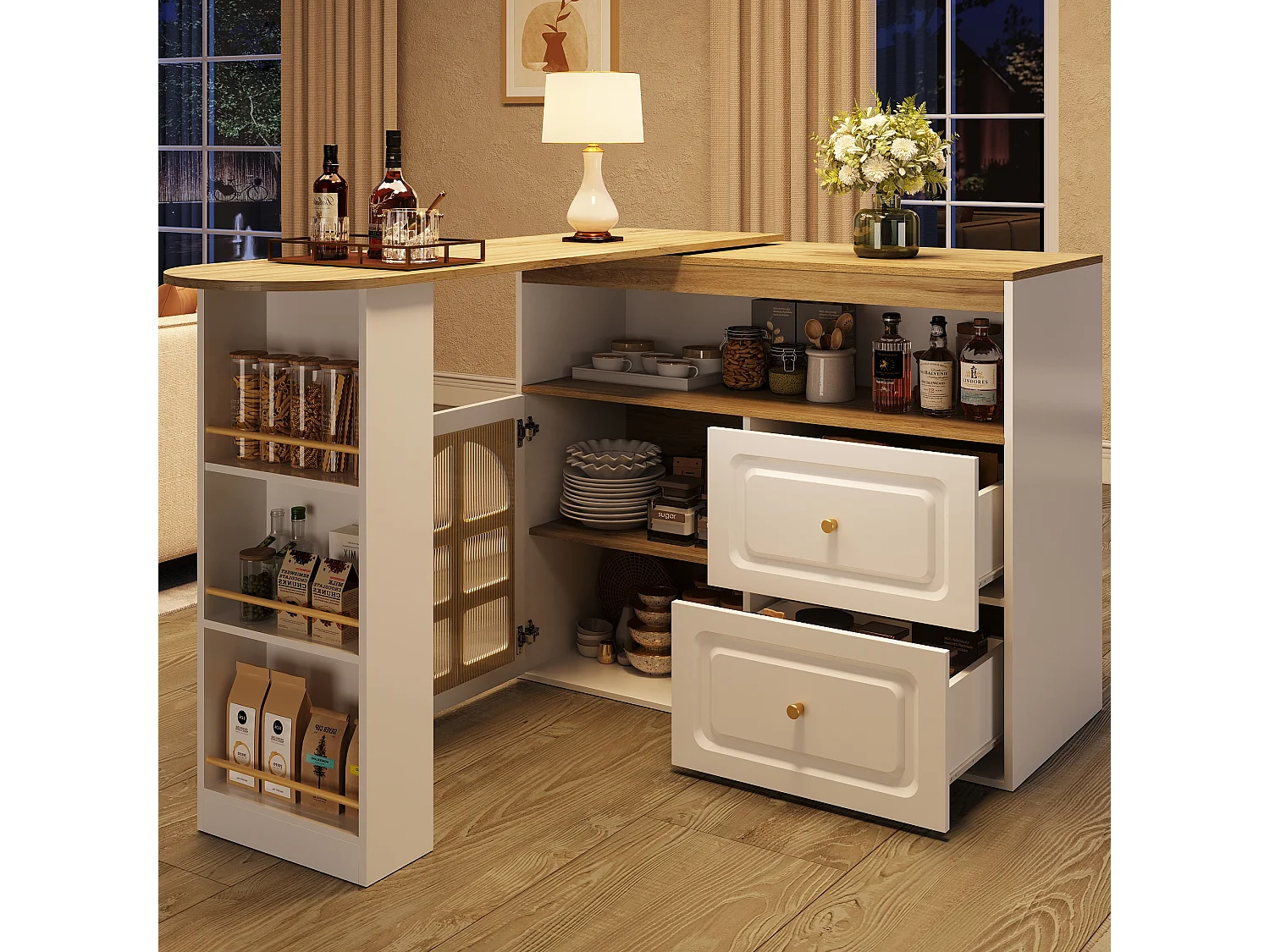 360° Rotating and Retractable Bar Cabinet - with 2 Drawers and 1 Door - Open Shelves - White + Natural
