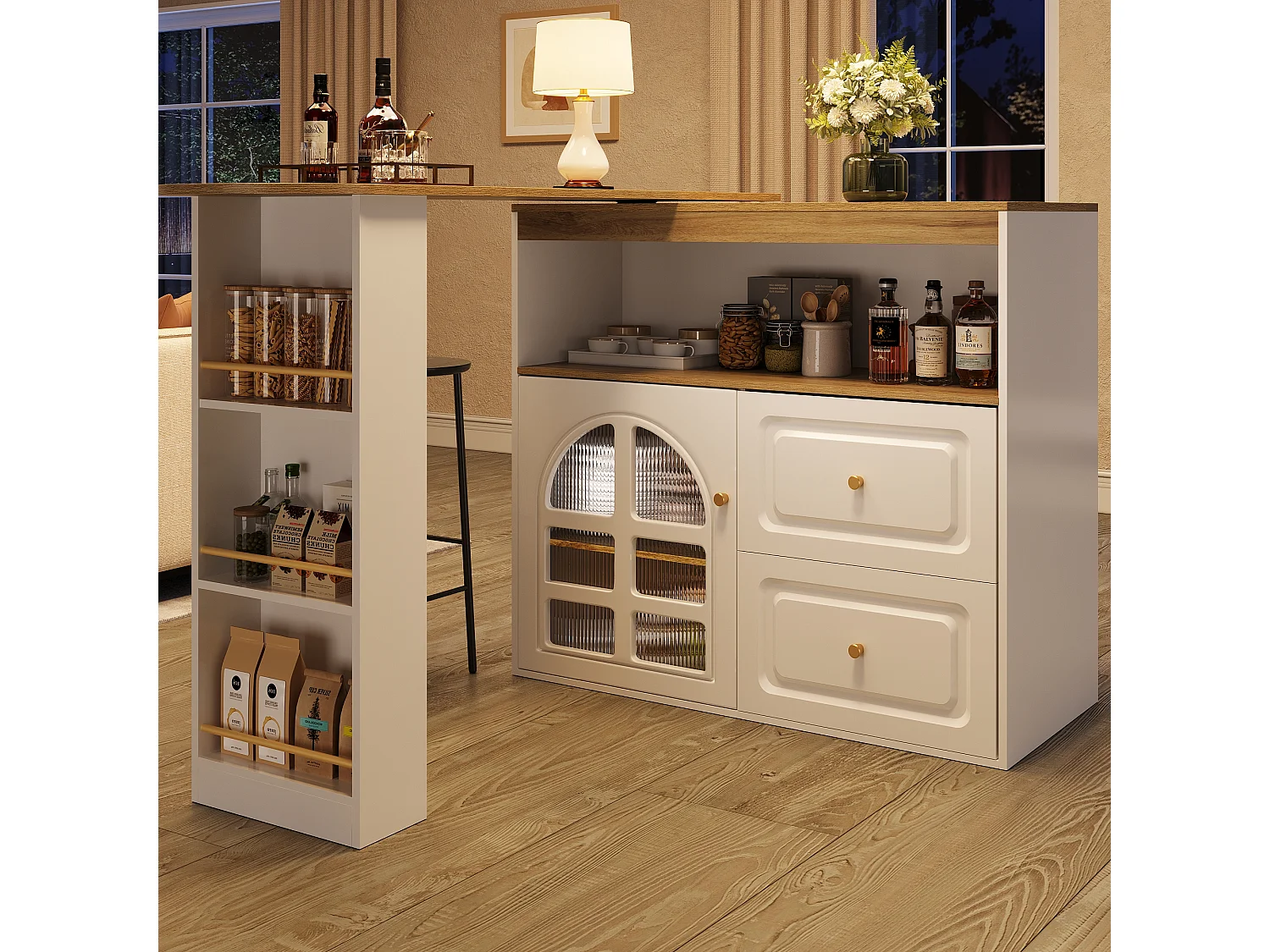 360° Rotating and Retractable Bar Cabinet - with 2 Drawers and 1 Door - Open Shelves - White + Natural