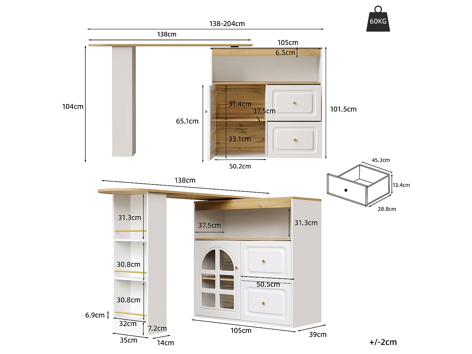 360° Rotating and Retractable Bar Cabinet - with 2 Drawers and 1 Door - Open Shelves - White + Natural
