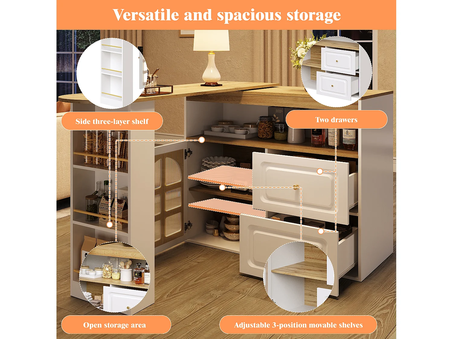 360° Rotating and Retractable Bar Cabinet - with 2 Drawers and 1 Door - Open Shelves - White + Natural