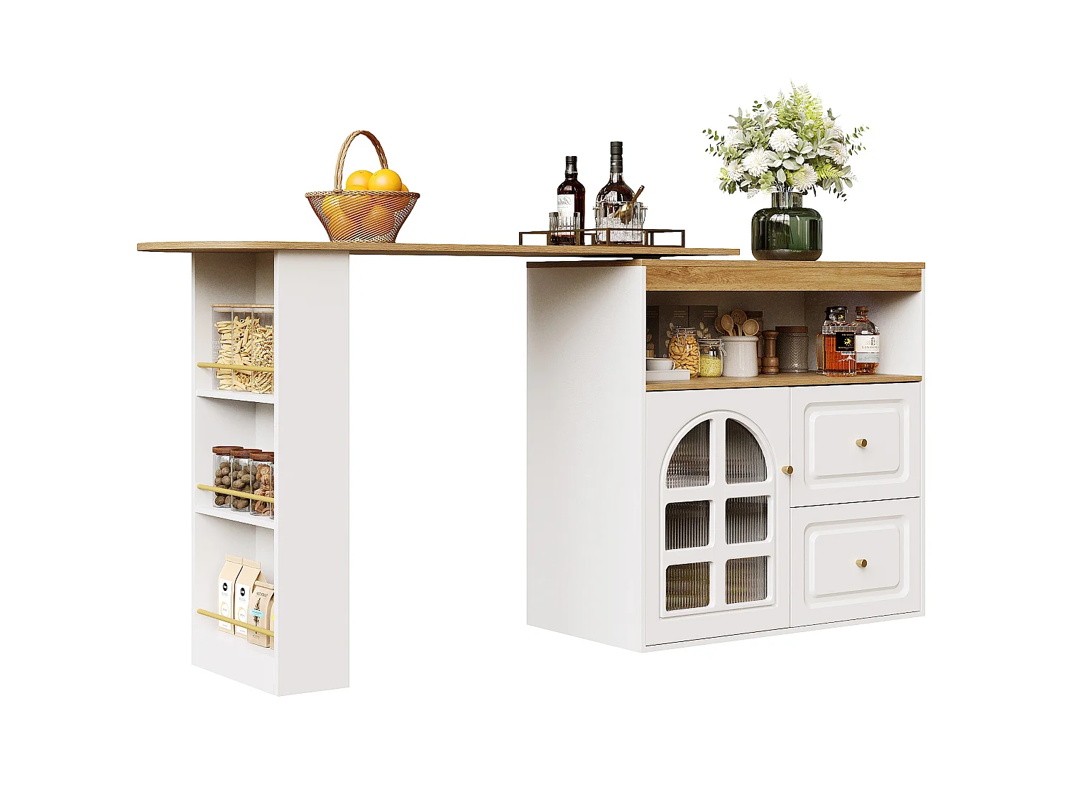 360° Rotating and Retractable Bar Cabinet - with 2 Drawers and 1 Door - Open Shelves - White + Natural