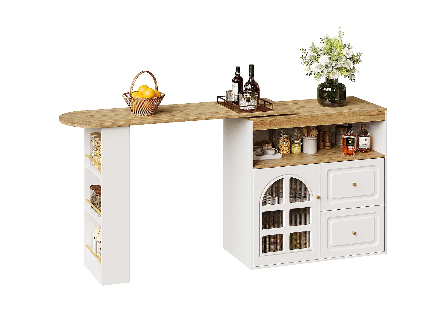 360° Rotating and Retractable Bar Cabinet - with 2 Drawers and 1 Door - Open Shelves - White + Natural