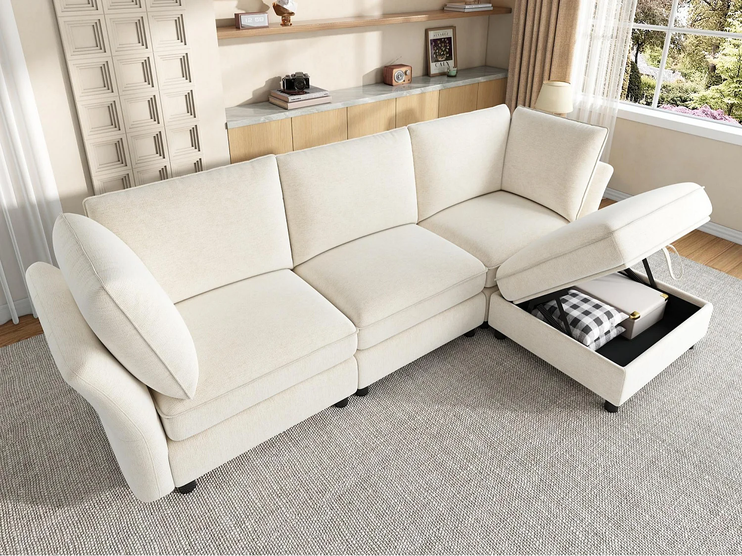 Modulär hörnsoffa 4-sits med förvaringspuff, soffa “Molneffekt” i mjuk chenille, ergonomisk design med 2 kuddar - beige