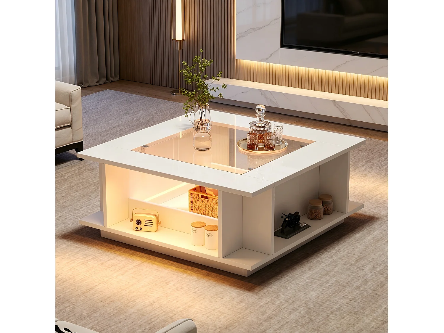 Firkantet sofabord 70x70x30 cm - LED-belysning - glasplade - højglans finish - spånplade - hvid