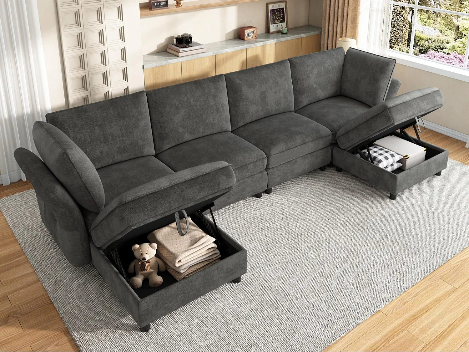 Modulär U/L-hörnsoffa 6-7-sits med 2 förvaringspuffar, soffa “Molneffekt” i mjuk och ergonomisk chenille - grå