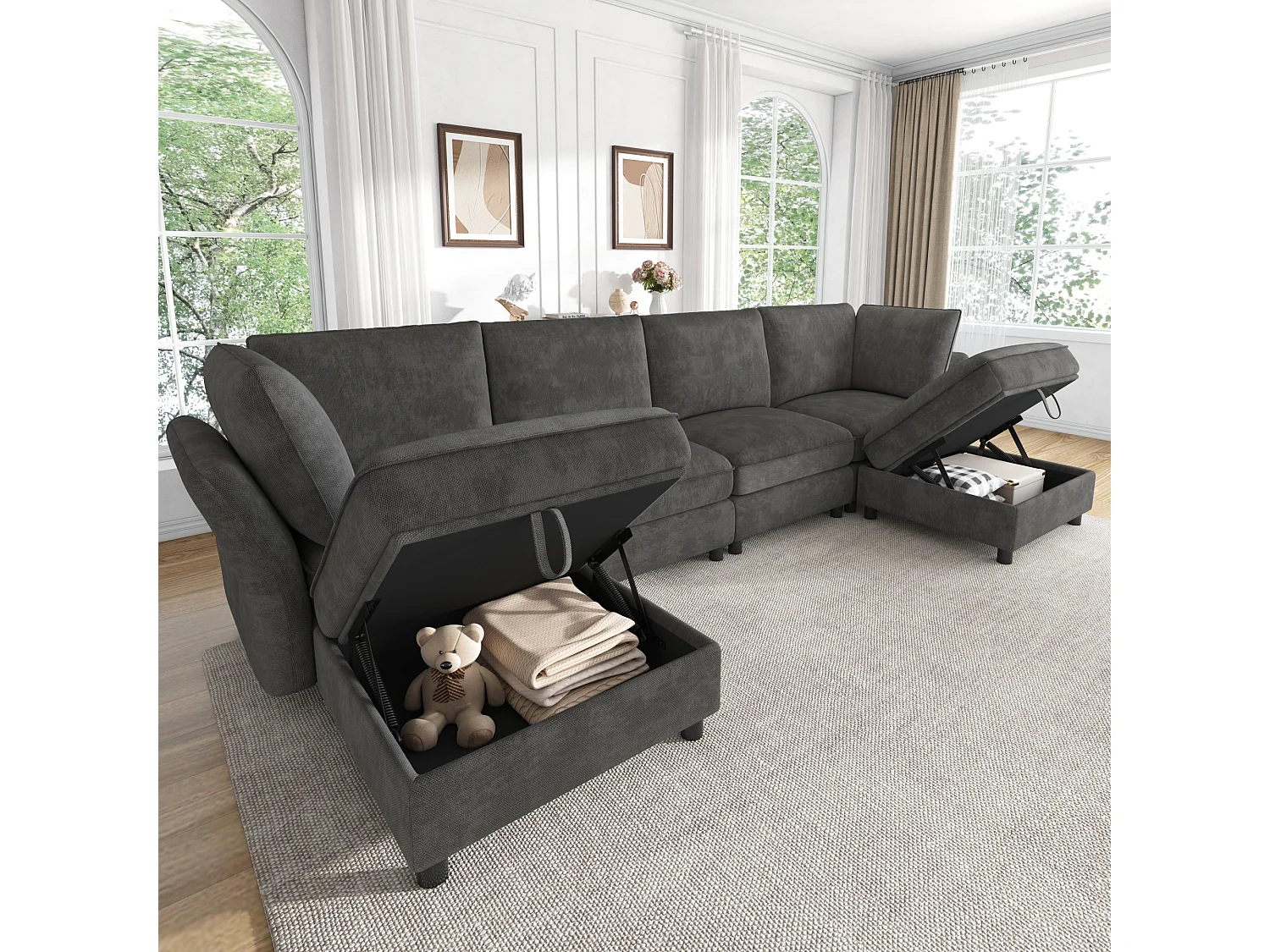 Modulär U/L-hörnsoffa 6-7-sits med 2 förvaringspuffar, soffa “Molneffekt” i mjuk och ergonomisk chenille - grå
