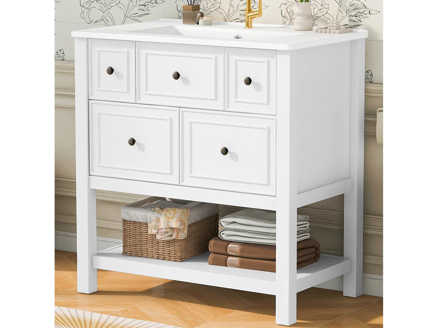 Mebel łazienkowy z ceramiczną umywalką - 76x46,5x82,3 cm - 5 szuflad + otwarte półki - MDF - biały