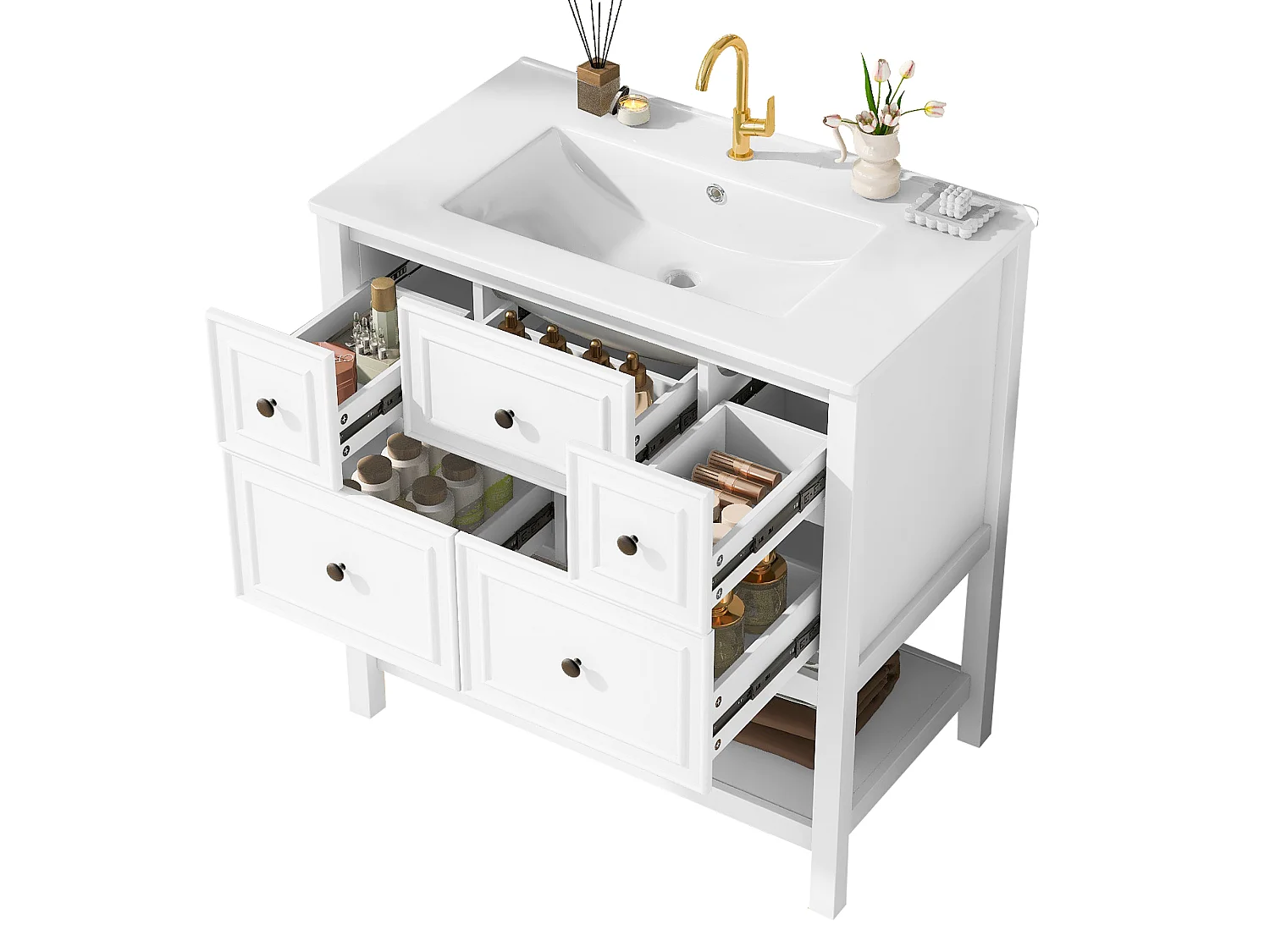 Mebel łazienkowy z ceramiczną umywalką - 76x46,5x82,3 cm - 5 szuflad + otwarte półki - MDF - biały
