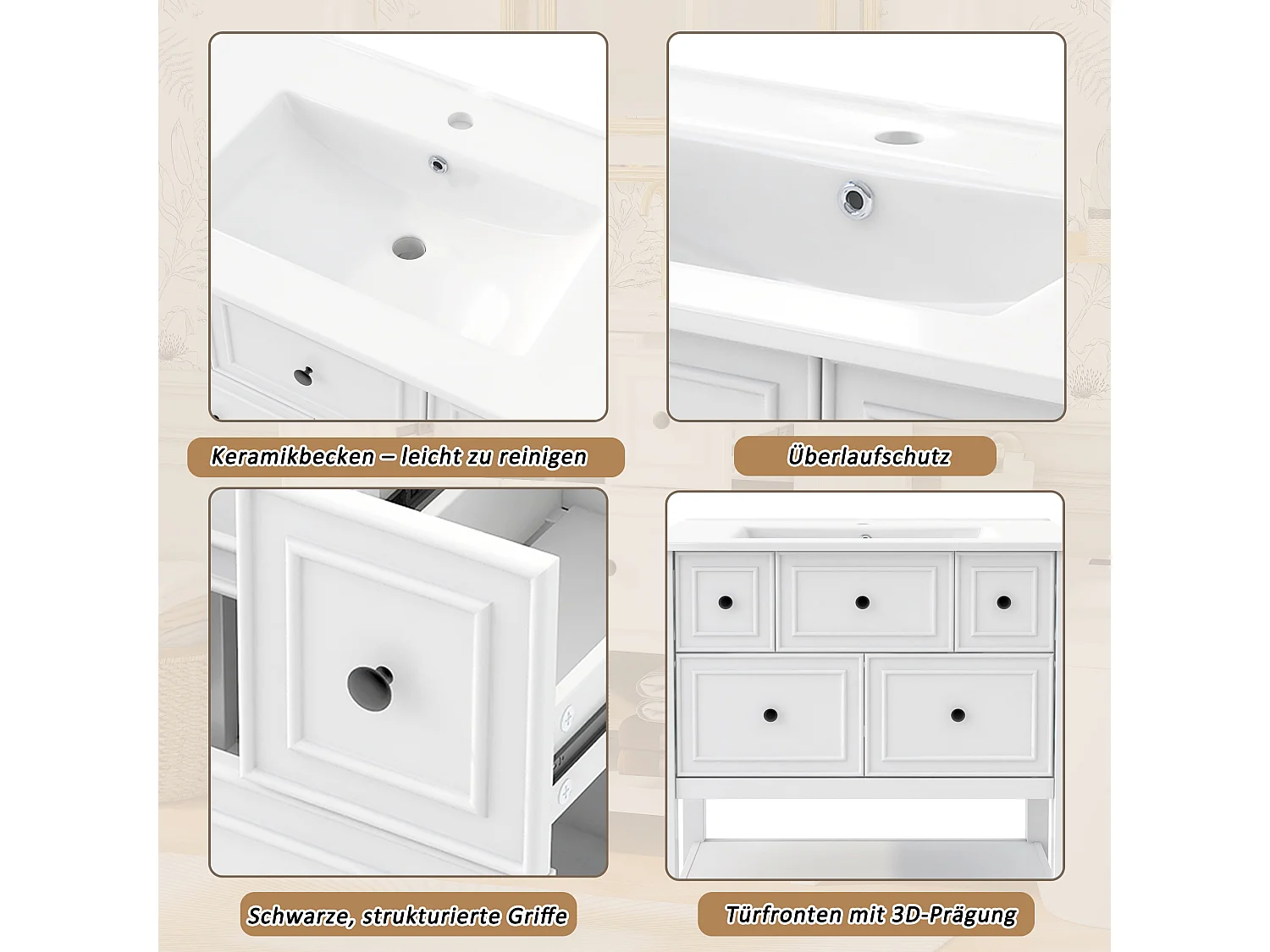 Mebel łazienkowy z ceramiczną umywalką - 76x46,5x82,3 cm - 5 szuflad + otwarte półki - MDF - biały