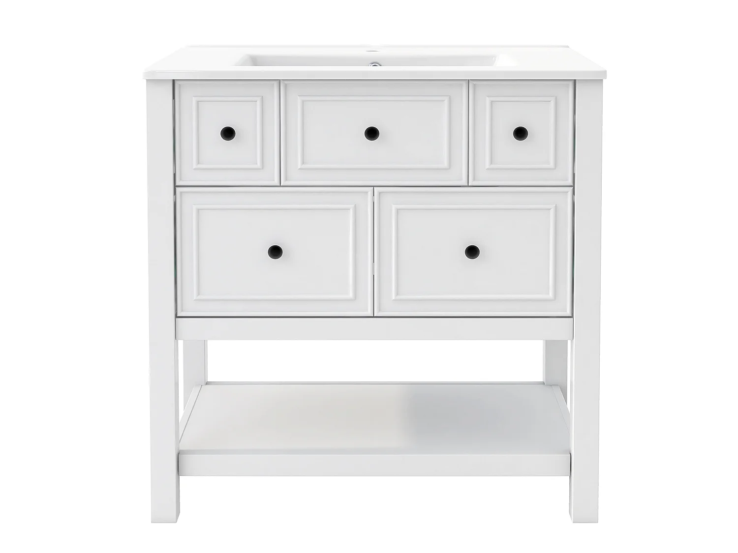 Mebel łazienkowy z ceramiczną umywalką - 76x46,5x82,3 cm - 5 szuflad + otwarte półki - MDF - biały
