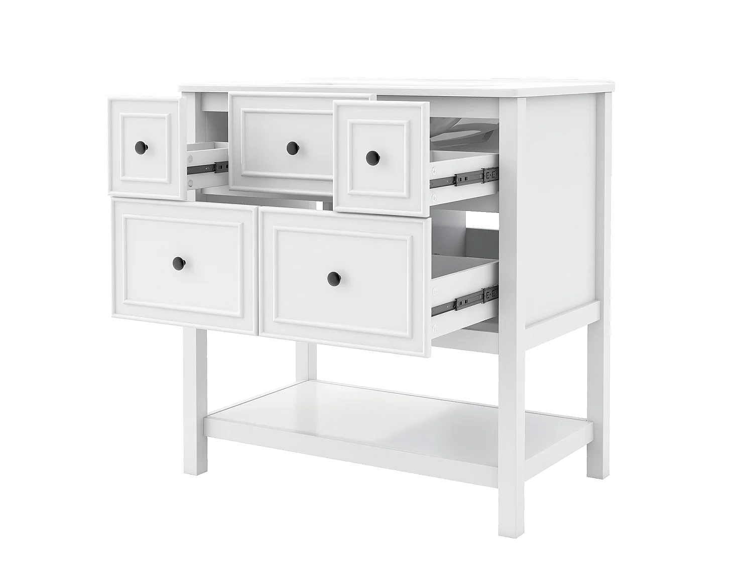 Mebel łazienkowy z ceramiczną umywalką - 76x46,5x82,3 cm - 5 szuflad + otwarte półki - MDF - biały