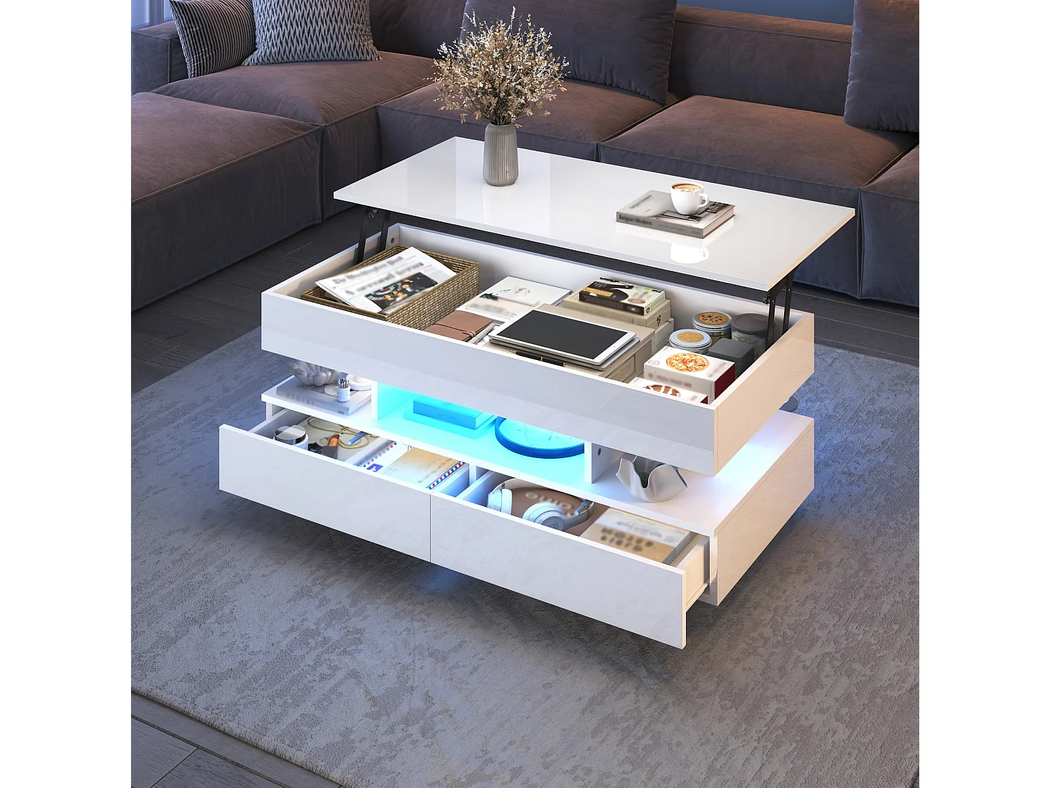 Höhenverstellbarer Couchtisch 100x50x45 cm - mit LED-Beleuchtung und 2 Schubladen - Hochglanz-Beistelltisch - Weiß